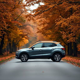 A SEAT Arona SUV parked on a tranquil road, enveloped in an autumn setting