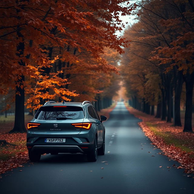 A SEAT Arona SUV parked on a tranquil road, enveloped in an autumn setting