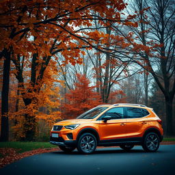A SEAT Arona SUV parked on a road, embraced by a beautiful autumn landscape