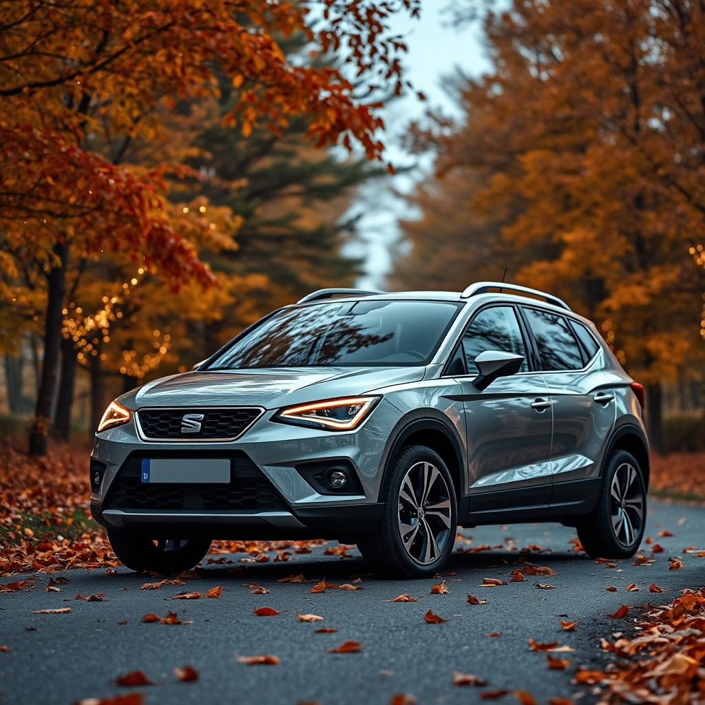 A SEAT Arona SUV parked on a road, embraced by a beautiful autumn landscape