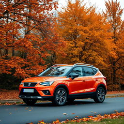 A SEAT Arona SUV parked on a road, embraced by a beautiful autumn landscape