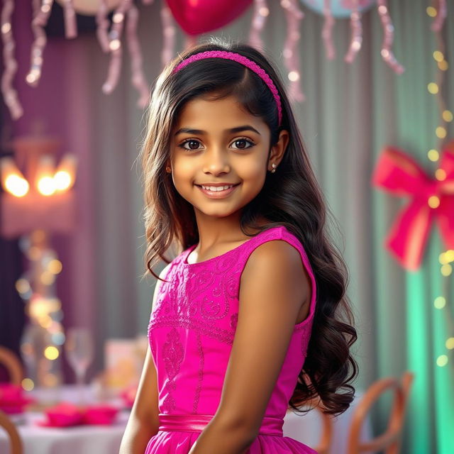 A stylish 14-year-old Indian girl in an elegant, form-fitting party dress that accentuates her youthful figure