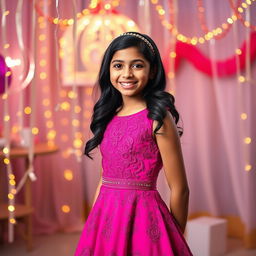 A stylish 14-year-old Indian girl in an elegant, form-fitting party dress that accentuates her youthful figure