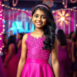 A stylish 14-year-old Indian girl in an elegant, form-fitting party dress that accentuates her youthful figure