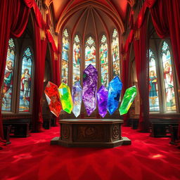 A stunning cathedral interior featuring plush red carpets and lush red curtains that create a warm ambiance