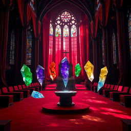 A stunning cathedral interior featuring plush red carpets and lush red curtains that create a warm ambiance
