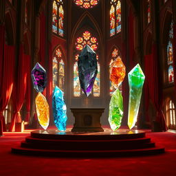 A stunning cathedral interior featuring plush red carpets and lush red curtains that create a warm ambiance