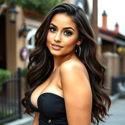 A beautiful and confident 25-year-old woman, styled in a daring and revealing outfit that highlights her neckline and voluptuous figure