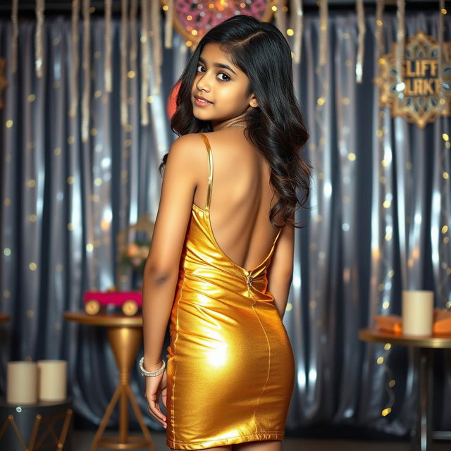 A chic 14-year-old Indian girl in a stunning metallic gold mini bodycon dress that highlights her youthful figure