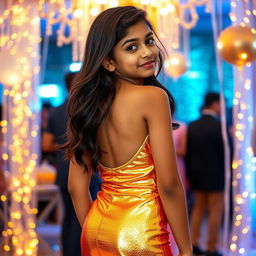 A chic 14-year-old Indian girl in a stunning metallic gold mini bodycon dress that highlights her youthful figure