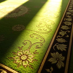 A close-up view of a beautifully patterned green prayer rug, featuring intricate designs that highlight its cultural and aesthetic significance