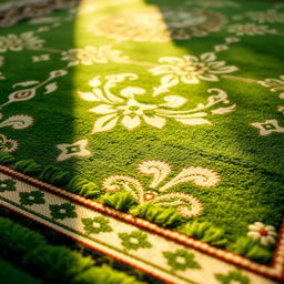 A close-up view of a beautifully patterned green prayer rug, featuring intricate designs that highlight its cultural and aesthetic significance
