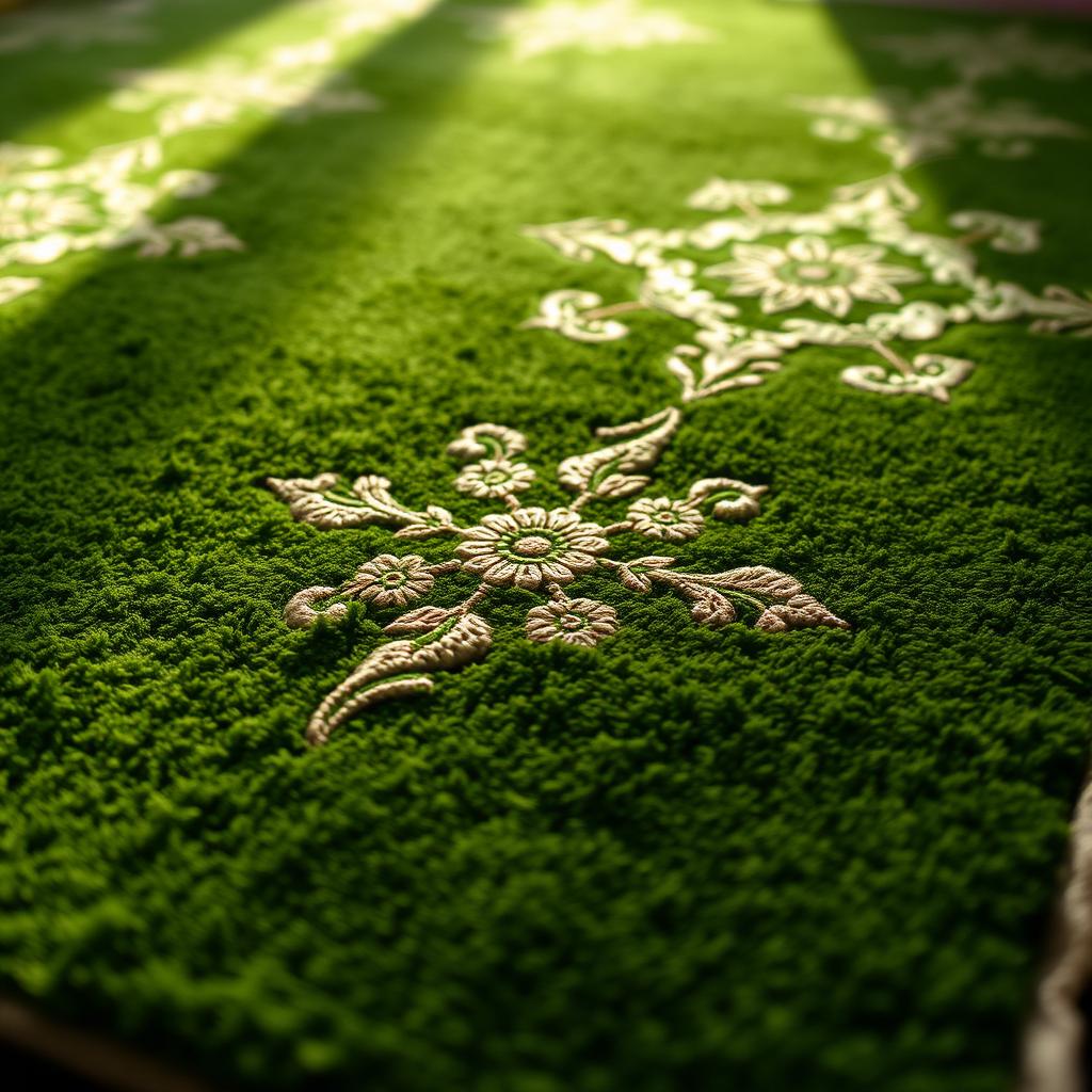 A close-up view of a beautifully patterned green prayer rug, featuring intricate designs that highlight its cultural and aesthetic significance