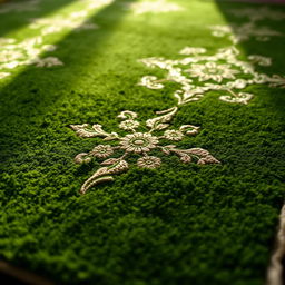 A close-up view of a beautifully patterned green prayer rug, featuring intricate designs that highlight its cultural and aesthetic significance