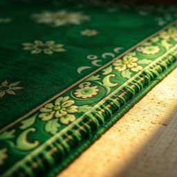 A close-up view of a beautifully patterned green prayer rug, featuring intricate designs that highlight its cultural and aesthetic significance
