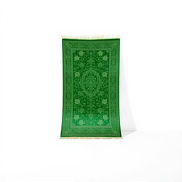 An elegant green prayer rug displayed prominently against a clean white background