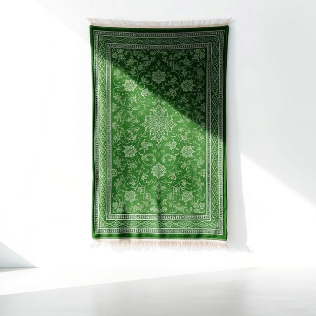 An elegant green prayer rug displayed prominently against a clean white background