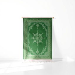 An elegant green prayer rug displayed prominently against a clean white background