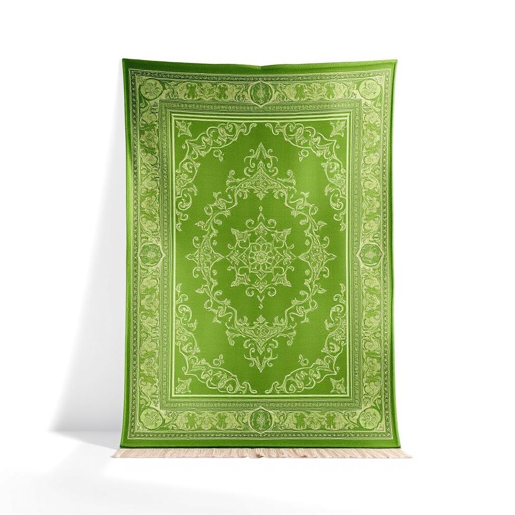 An elegant green prayer rug displayed prominently against a clean white background