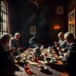 A mystical tea ceremony taking place in an elaborately decorated Masonic lodge