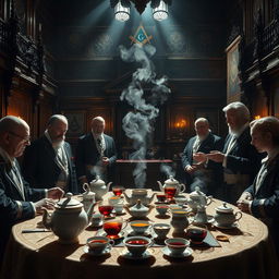 A mystical tea ceremony taking place in an elaborately decorated Masonic lodge