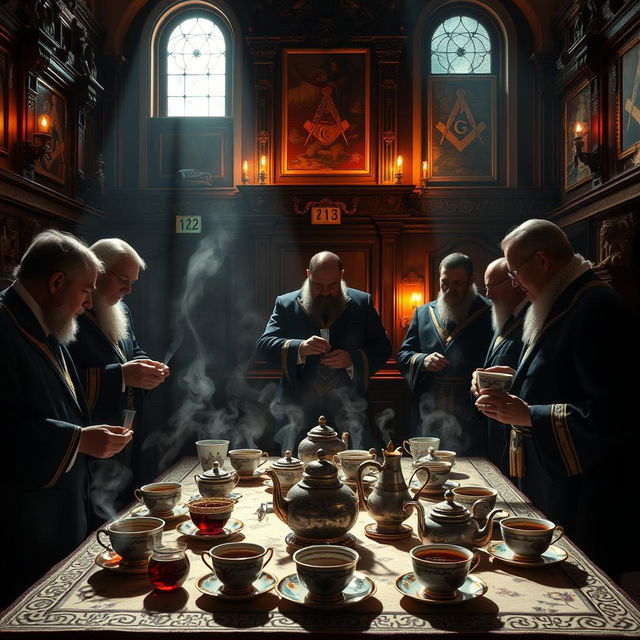 A mystical tea ceremony taking place in an elaborately decorated Masonic lodge