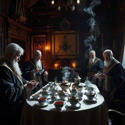 A mystical tea ceremony taking place in an elaborately decorated Masonic lodge