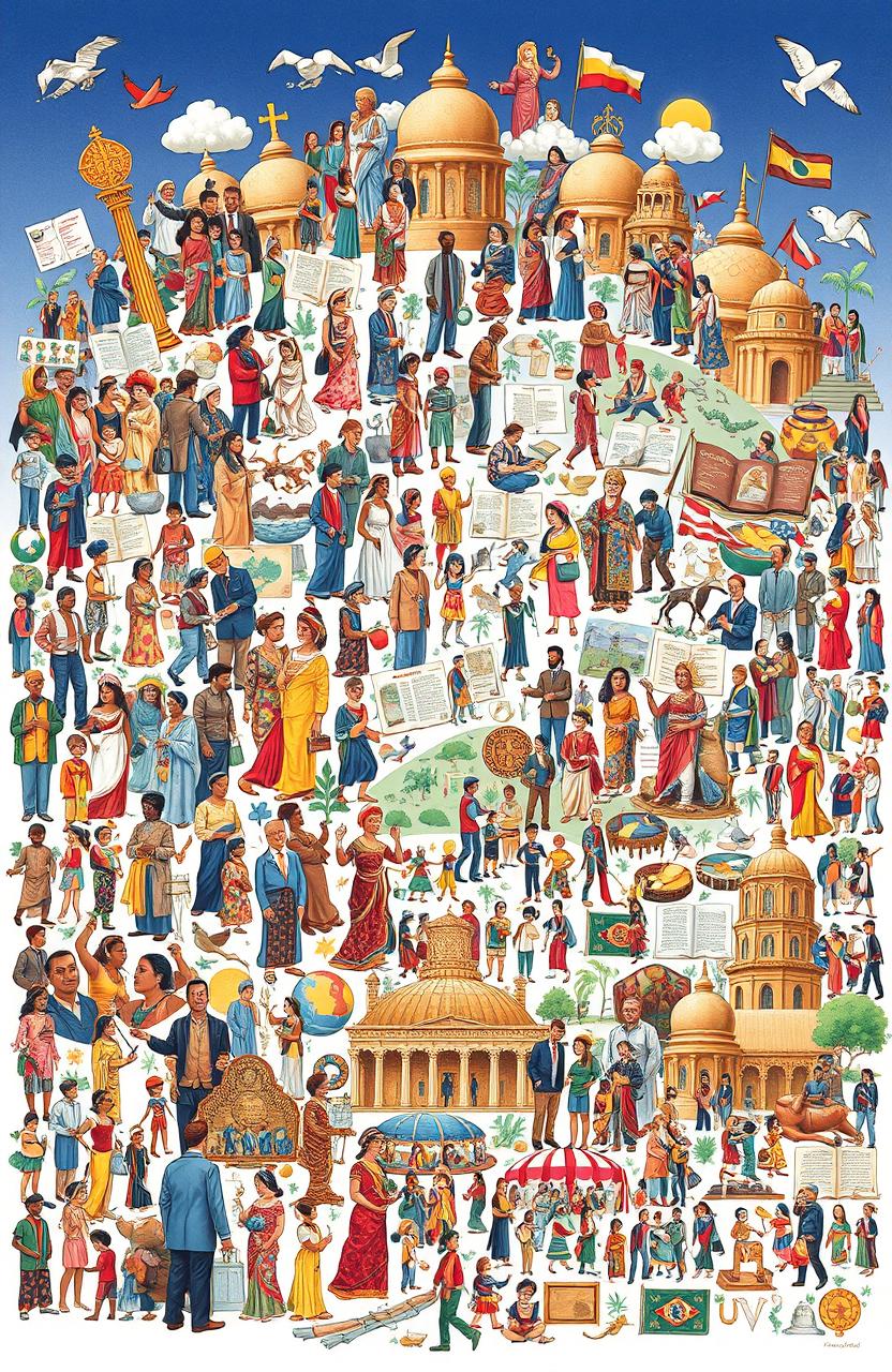 A detailed and vibrant illustration representing different aspects of human culture and societal structures