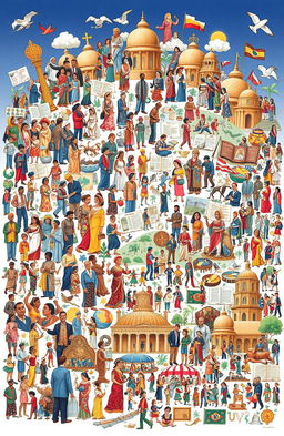 A detailed and vibrant illustration representing different aspects of human culture and societal structures