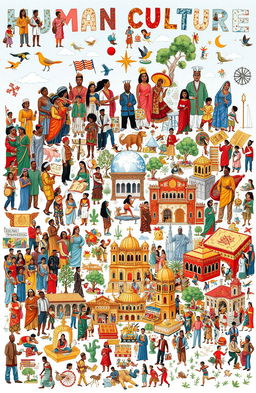 A detailed and vibrant illustration representing different aspects of human culture and societal structures