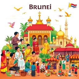 A vibrant and detailed illustration showcasing the rich cultural tapestry of Brunei, highlighting social organization, customs and traditions, language, art and literature, religion, government, and economic culture