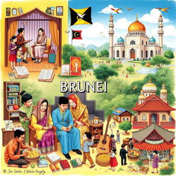 A vibrant and detailed illustration showcasing the rich cultural tapestry of Brunei, highlighting social organization, customs and traditions, language, art and literature, religion, government, and economic culture