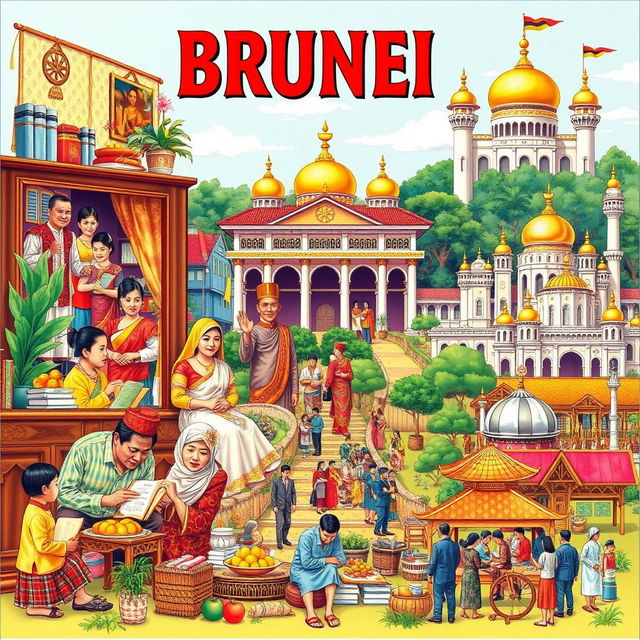 A vibrant and detailed illustration showcasing the rich cultural tapestry of Brunei, highlighting social organization, customs and traditions, language, art and literature, religion, government, and economic culture