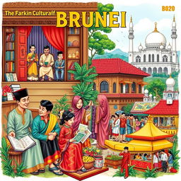 A vibrant and detailed illustration showcasing the rich cultural tapestry of Brunei, highlighting social organization, customs and traditions, language, art and literature, religion, government, and economic culture