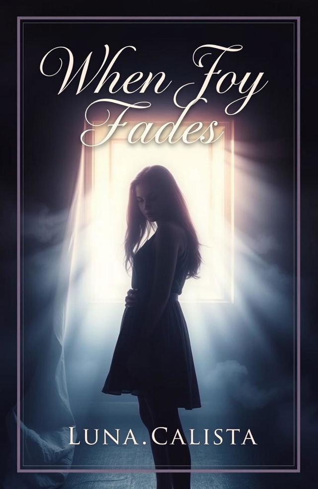 A captivating book cover for the story titled "When Joy Fades" featuring a young woman standing alone in a dimly lit room, her expression a mix of fear and longing