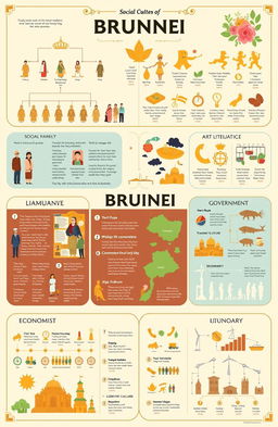 An intricately designed infographic that visually summarizes the key aspects of Brunei's social organization, customs and traditions, language, art and literature, religion, government structure, and economic culture