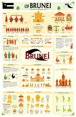 An intricately designed infographic that visually summarizes the key aspects of Brunei's social organization, customs and traditions, language, art and literature, religion, government structure, and economic culture