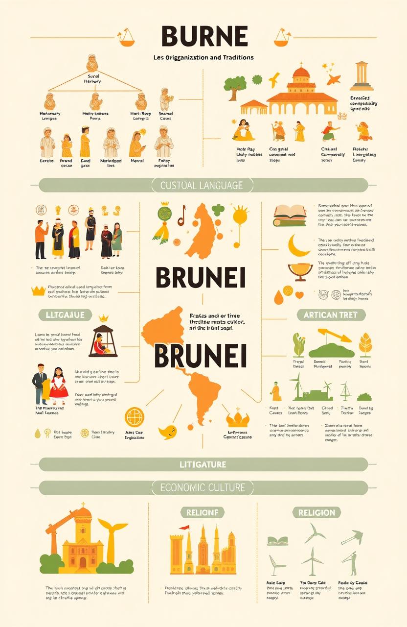 An intricately designed infographic that visually summarizes the key aspects of Brunei's social organization, customs and traditions, language, art and literature, religion, government structure, and economic culture