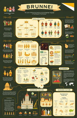 An intricately designed infographic that visually summarizes the key aspects of Brunei's social organization, customs and traditions, language, art and literature, religion, government structure, and economic culture