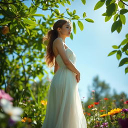 A stunning, ethereal scene of a graceful figure standing in a serene natural environment, surrounded by lush greenery and colorful flowers under a bright blue sky