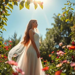 A stunning, ethereal scene of a graceful figure standing in a serene natural environment, surrounded by lush greenery and colorful flowers under a bright blue sky