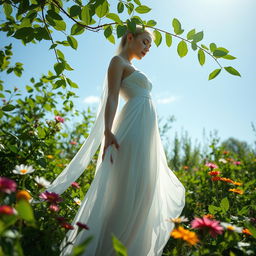 A stunning, ethereal scene of a graceful figure standing in a serene natural environment, surrounded by lush greenery and colorful flowers under a bright blue sky