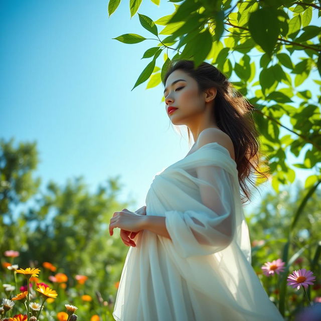 A stunning, ethereal scene of a graceful figure standing in a serene natural environment, surrounded by lush greenery and colorful flowers under a bright blue sky