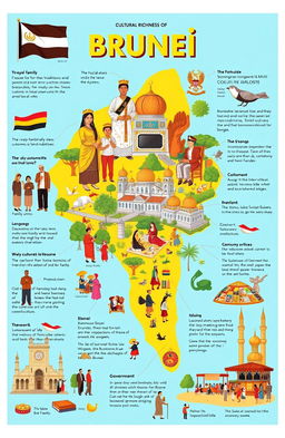 A detailed representation showcasing the cultural richness of Brunei, focusing on social organization, customs and traditions, language, art and literature, religion, government, and economic culture