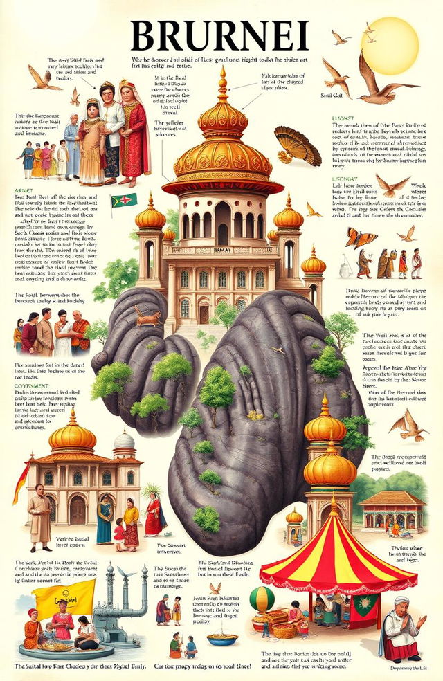 A detailed representation showcasing the cultural richness of Brunei, focusing on social organization, customs and traditions, language, art and literature, religion, government, and economic culture