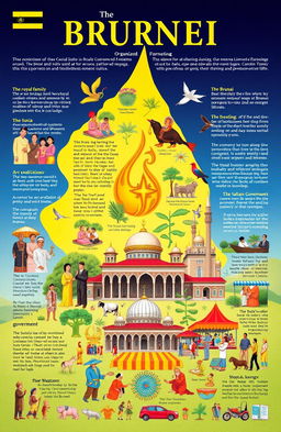 A detailed representation showcasing the cultural richness of Brunei, focusing on social organization, customs and traditions, language, art and literature, religion, government, and economic culture