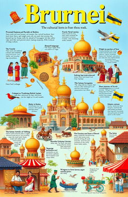 A detailed representation showcasing the cultural richness of Brunei, focusing on social organization, customs and traditions, language, art and literature, religion, government, and economic culture