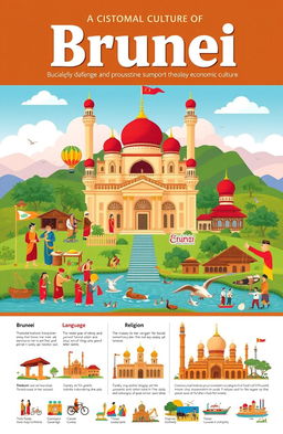 A visually engaging A4 layout that encompasses the various aspects of Brunei's social organization, customs and traditions, language, art and literature, religion, government, and economic culture