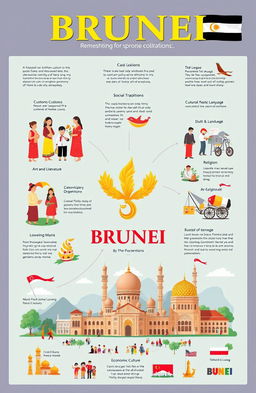 A visually engaging A4 layout that encompasses the various aspects of Brunei's social organization, customs and traditions, language, art and literature, religion, government, and economic culture