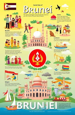 A visually engaging A4 layout that encompasses the various aspects of Brunei's social organization, customs and traditions, language, art and literature, religion, government, and economic culture